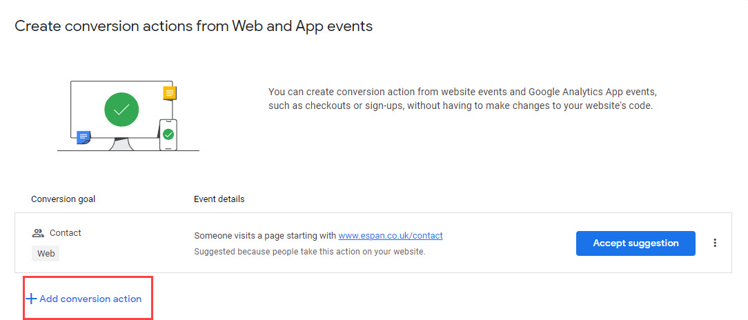 google ads interface: add a google ads conversion action