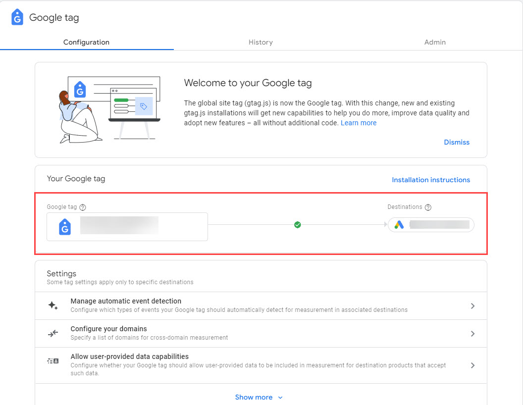 google ads interface: setting up the google tag