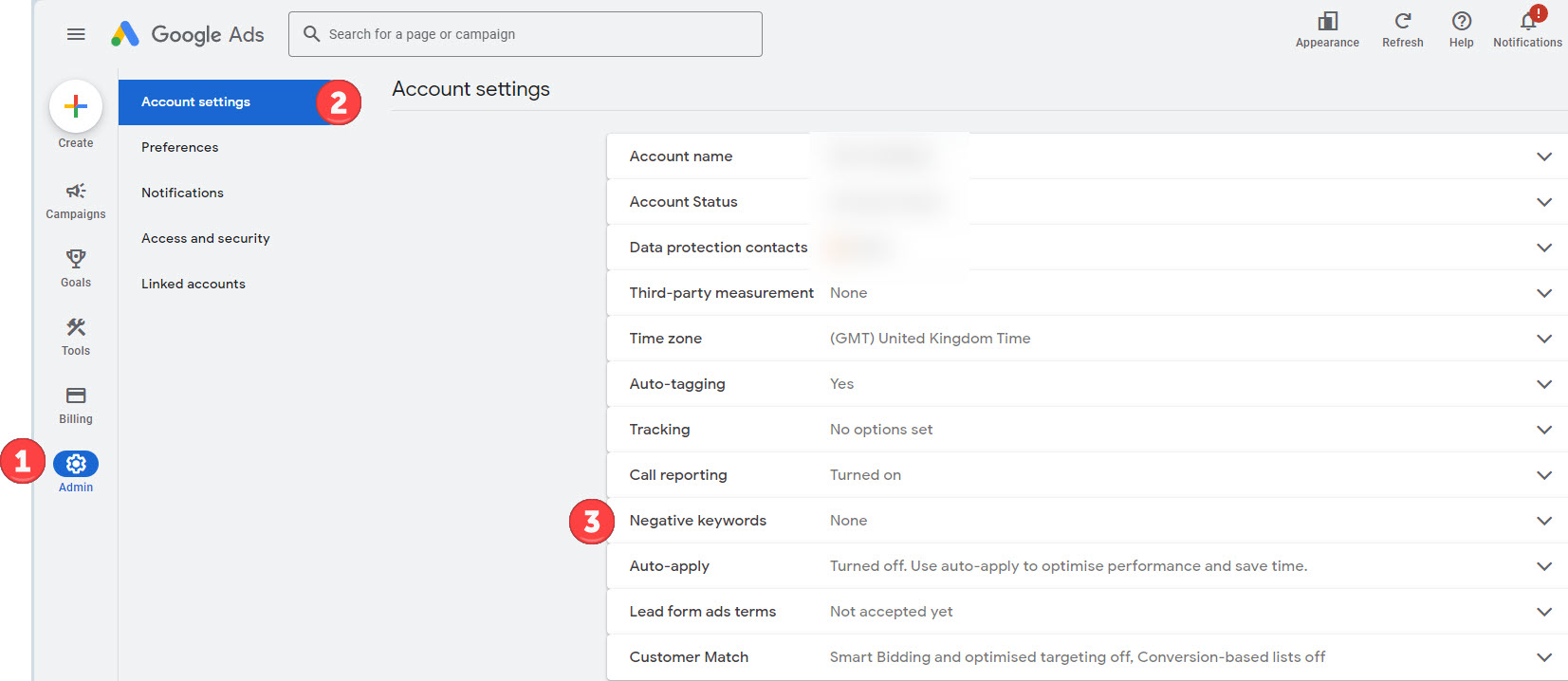 Google Ads interface - add negative keywords at the account level