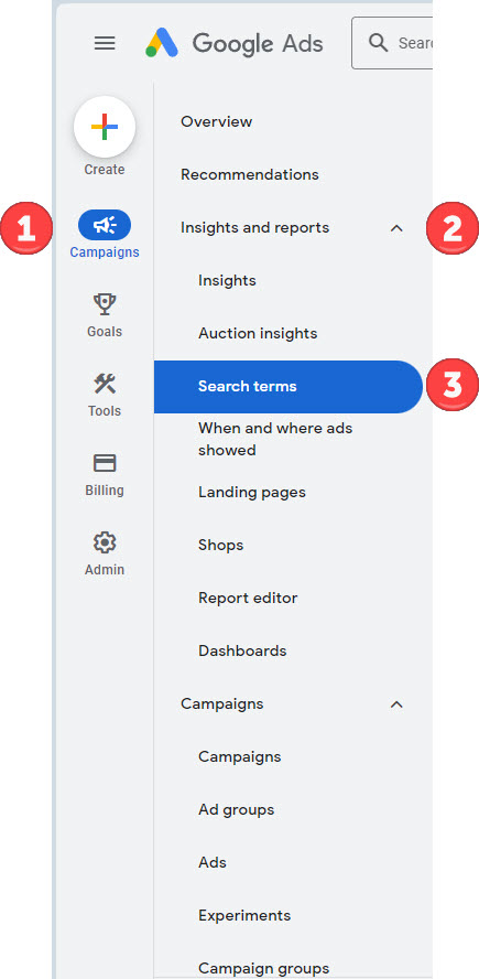 Screenshot of how to access Google Ads search terms in the web inteface