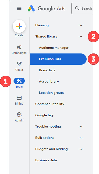 Google Ads interface - How to add negative keywords to an exclusion list in the Shared Library