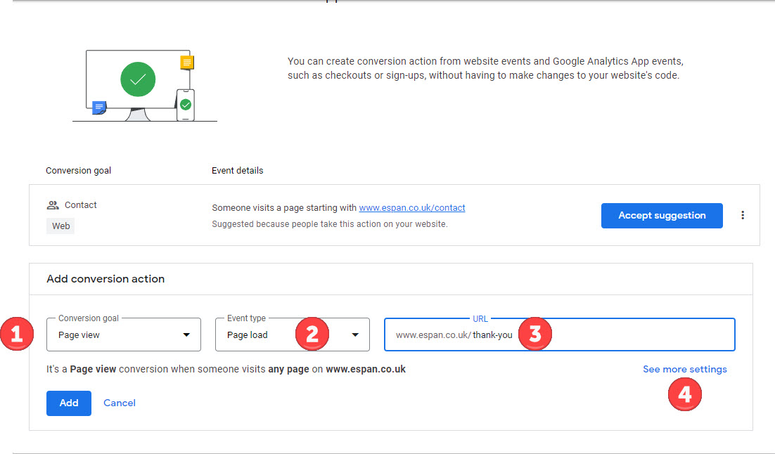 google ads interface: set up a pageview conversion
