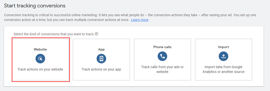 google ads interface: adding a website conversion for a pageview conversion for the thank you page.