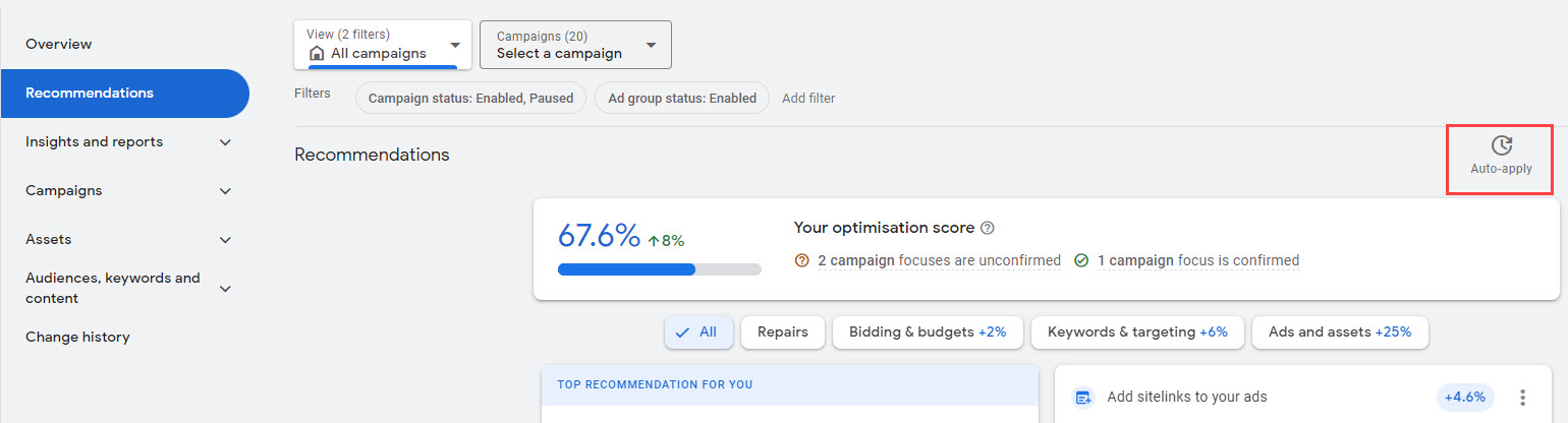 turn off auto apply recommendations aar in the web interface step 2 - click auto apply
