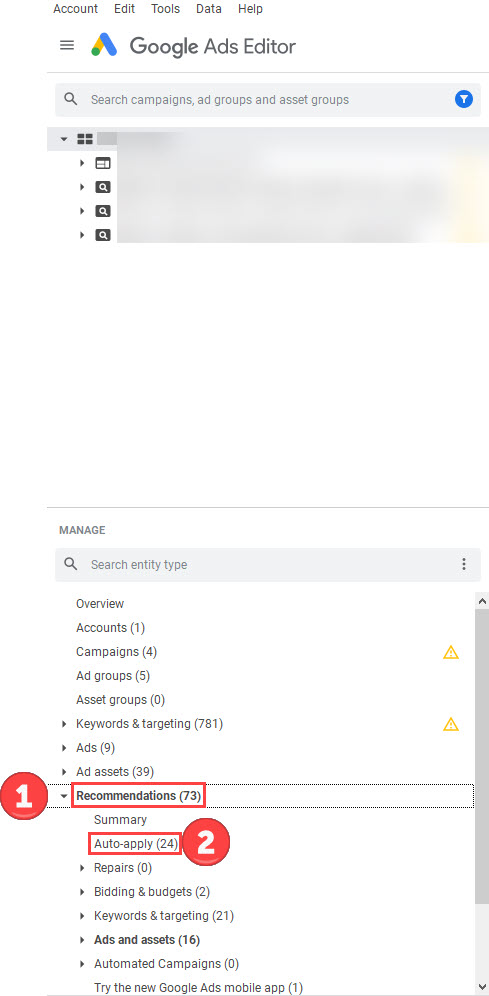  turn off auto apply recommendations aar in google ads editor step 1 and 2