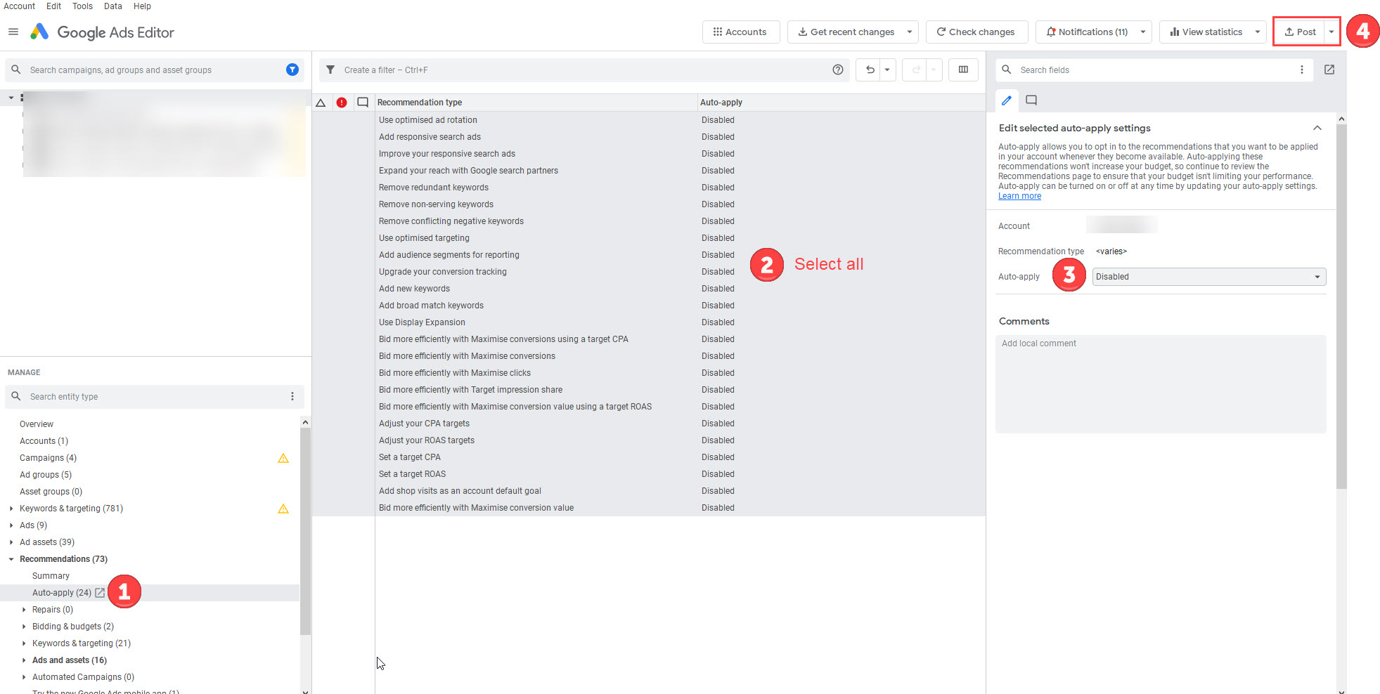 turn off auto apply recommendations aar in google ads editor steps 3, 4 and 5
