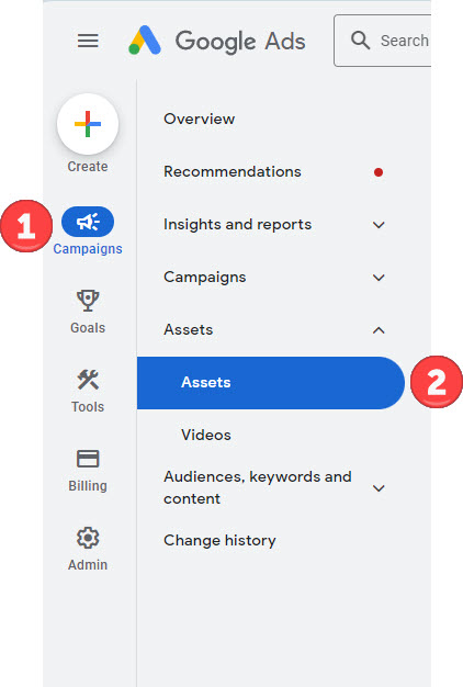 Google ads web interface: turning off google ads automated assets google ads tree menu step 1