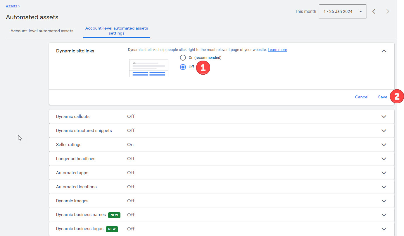 Google ads web interface: turning off google ads automated assets - turn off assets from this screen
