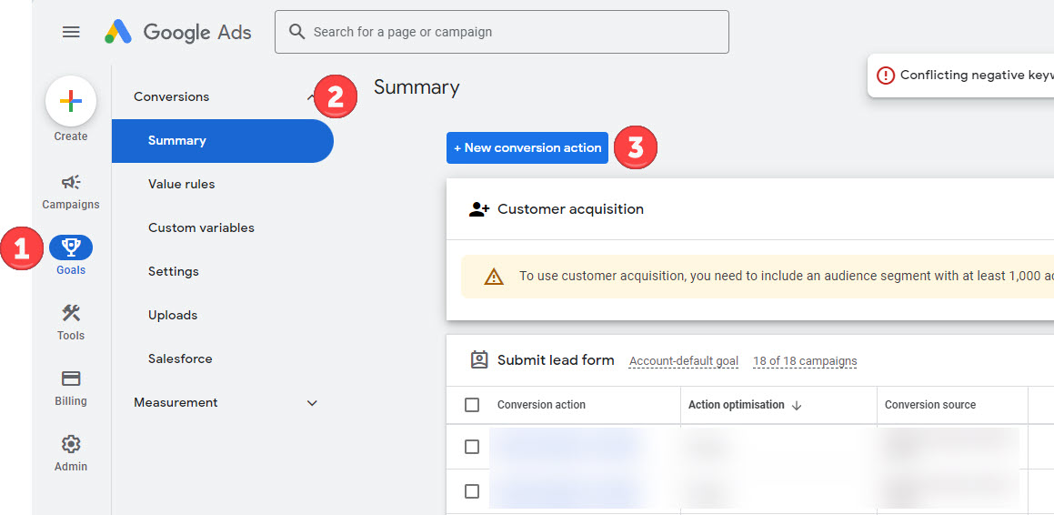 google ads interface: first step in setting up a conversion, add a new conversion.